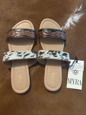 Myra Two-Band Brown Tooled & White Haircalf Slide Sandals